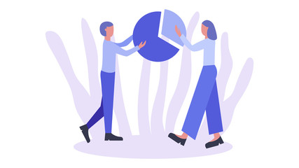 Two people connecting chart elements. Business metaphor. Team concept. Flat vector illustration. Symbol of cooperation, teamwork, partnership, business solution