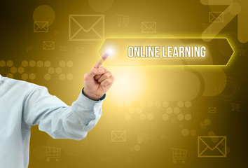 Business man touch a button on an imaginary screen. ONLINE EDUCATION CONCEPT