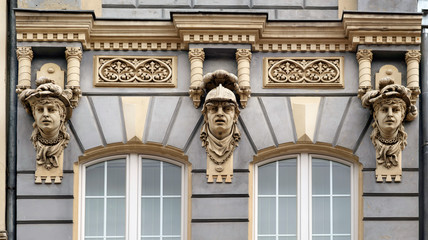 Stone bas-reliefs on the walls of Gdansk