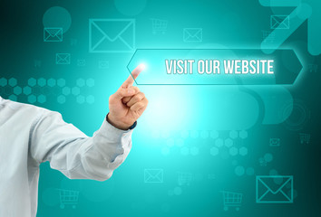 Business man touch a button on an imaginary screen with text