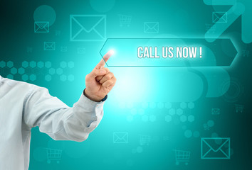 Business man touch a button on an imaginary screen with text