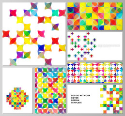 The minimalistic abstract vector illustration of layouts of modern social network mockups in popular formats. Abstract background, geometric mosaic pattern with bright circles, geometric shapes.