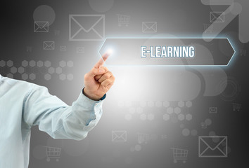 Business man touch a button on an imaginary screen. ONLINE EDUCATION CONCEPT