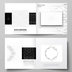 The vector layout of two covers templates for square design bifold brochure, magazine, flyer, booklet. Trendy modern science or technology background with dynamic particles. Cyberspace grid.