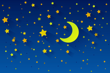 Crescent moon, stars, and clouds on the midnight sky background. Night sky scenery background. Paper art style. Vector Illustration. eps 10