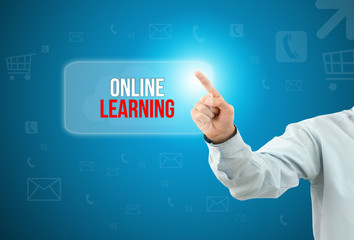 Business man touch a button on an imaginary screen. ONLINE EDUCATION CONCEPT