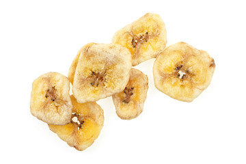 Crunchy banana chips isolated on white background, top view.