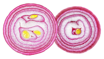 Two round slice of red onion isolated on white background, top view.