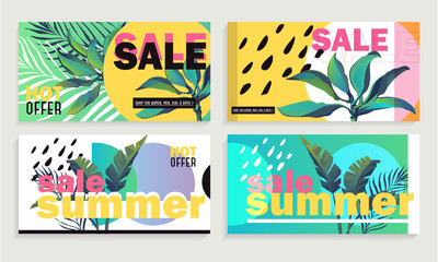 Fototapeta na wymiar Summer sale vector illustration for mobile and social media banner, poster, shopping ads, marketing material. Lettering concept with summer elements for product promotion.