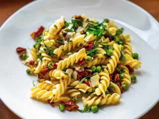 Fusilli pasta with vegetable and rucola.