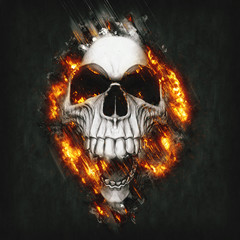 Creepy smiling skull exploding from the metal background