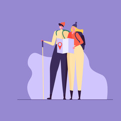 Concept of adventure, hiking, vacation and tourism. Man and woman wearing casual clothes, hat and hiking backpack. Isolated couple standing with map and backpack. Vector illustration in flat design