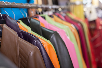 Collection of leather jackets in shop