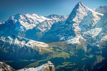 Amazing mountain view of Jungfrau valley from top of Schilthorn, Murren, Switzerland - obrazy, fototapety, plakaty