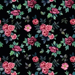 Behang Aquarel handverf Rode pioenrozen en rozen. naadloos patroon. Bloemen en bladeren voor design. Naadloos bloemenpatroon. © Sergei