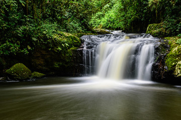 waterfall with milky blurred water through the rocks in the atlantic forest with tropical trees around