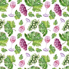 Watercolor background picture Wine and ripe grapes
