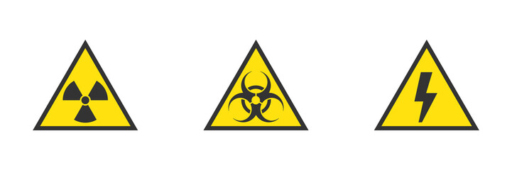 Danger, hazard, warning yellow signs of high voltage, biohazard, radiation