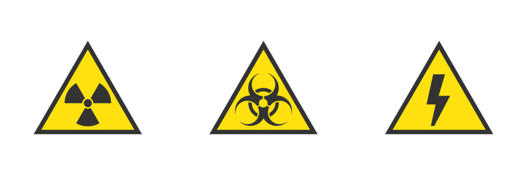 Danger, hazard, warning yellow signs of high voltage, biohazard, radiation