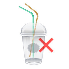 Realistic illustration of Plastic cup and straws ban. Symbol of stop plastic cup and straws disposable, stop plastic garbage pollution, Vector EPS 10 format