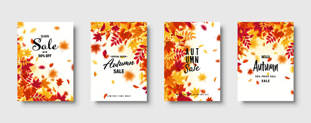 Autumn falling leaves. Banner set. Nature background with red, orange, yellow foliage. Flying leaf. Season sale. Vector illustration.