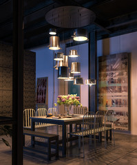 Esstisch mit Designerleuchten aus Töpfen