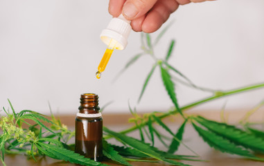 Bottle of CBD cannabis oil. Health marijuana with cannabidiol content. Pharmaceutical hemp drug preparation with safe cannabinoids