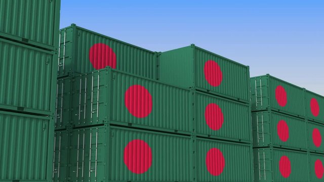 Container Terminal Full Of Containers With Flag Of Bangladesh. Bangladeshi Export Or Import Related Loopable 3D Animation