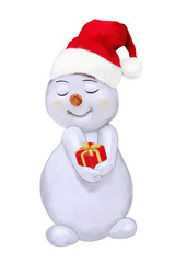 A Natale, un timido Pupazzo di neve  dona un regalo. Dipinto.