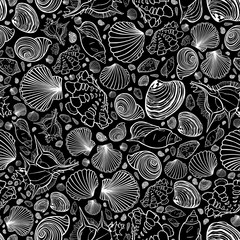 Vector black and white repeat pattern with variety of seashells. Perfect for fabric, scrapbooking, wallpaper projects.