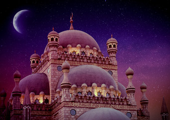 Islamic background with The Al Sahaba Mosque in Sharm El Sheikh against ramadan dusk sky and crescent moon. Fragment
