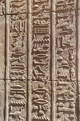Hieroglyphics in Kom Ombo Temple, Aswan, Egypt