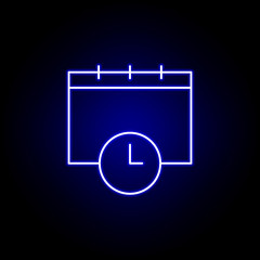 calendar date clock icon in blue neon style.. Elements of time illustration icon. Signs, symbols can be used for web, logo, mobile app, UI, UX