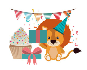 cute lion with party hat on white background