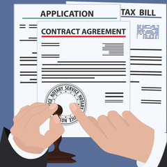 Notary services - documents, men's hands, notarial stamp imprint - flat style - vector. Registration of legal documents