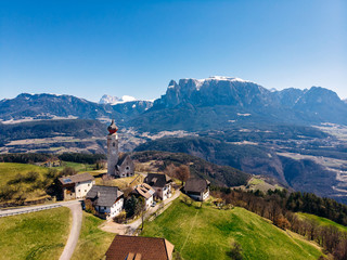 Church in Renon Ritten bolzano Alps Italy. Aerial view