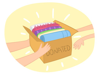 Cloth donation box vector with colorful clothes in it. Hands giving box to another hand. Charity card-box with apparel. Vector Illustration of Clothes Donation Box