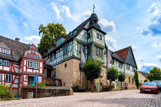 Streets of Idstein town in the Taunus area with half timbered houses on a beautiful summer-day.