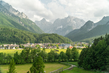 View of mountain landscape next to Kranjska Gora in Slovenia, view from the top of whole town Kranjska gora