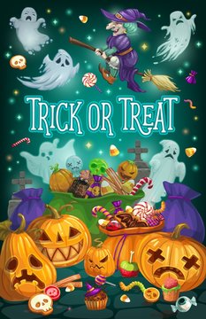 Halloween witch, ghosts and pumpkins with candies