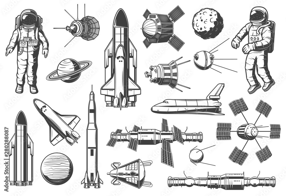 Poster astronomy and outer space, rockets shuttles icons