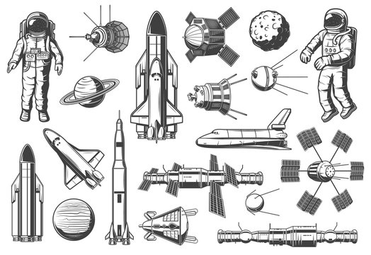 Astronomy and outer space, rockets shuttles icons