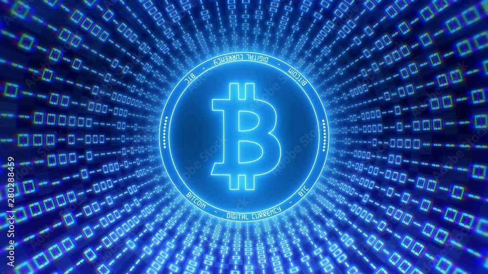 Poster video animation of the bitcoin logo in blue with a tunnel of binary code - digital currency - crypto