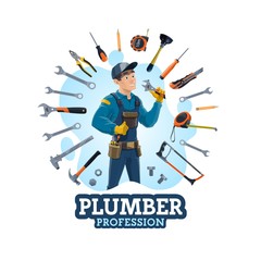 Plumbing work tools and man plumber profession