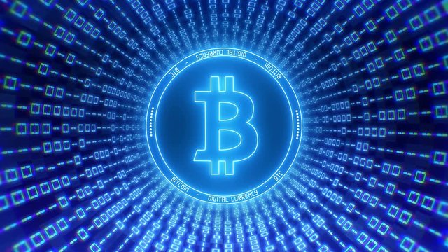 Video animation of the Bitcoin logo in blue with a tunnel of binary code - Digital currency - Cryptocurrency