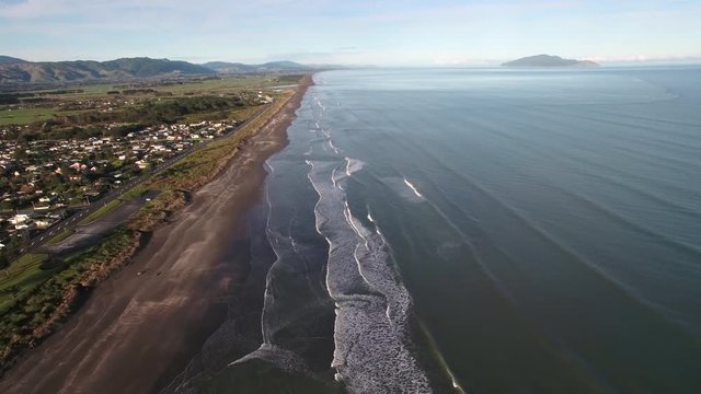 Aerial view of Otaki beach and Kapiti Island, New Zealand