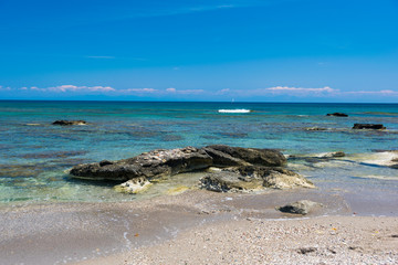 Seashore on the island of Rhodes in the Mediterranean sea in summer day.