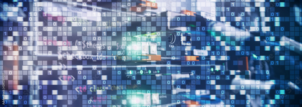 Poster binary code on datacenter background. cyber space concept. uniquetechnology wallpaper