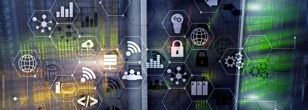 Poster ict - information and telecommunication technology and iot - internet of things concepts. diagrams w
