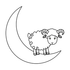 Goat on quarter moon cartoon isolated in black and white